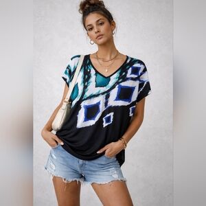 Dressbarn | Black and Blue Geometric Print Top, Size L